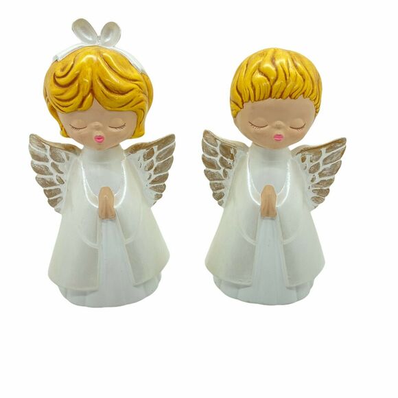 Choir Angels Singing Boy Girl Retro Figurines Hand Painted Kitsch Vintage 1972 - Picture 1 of 15